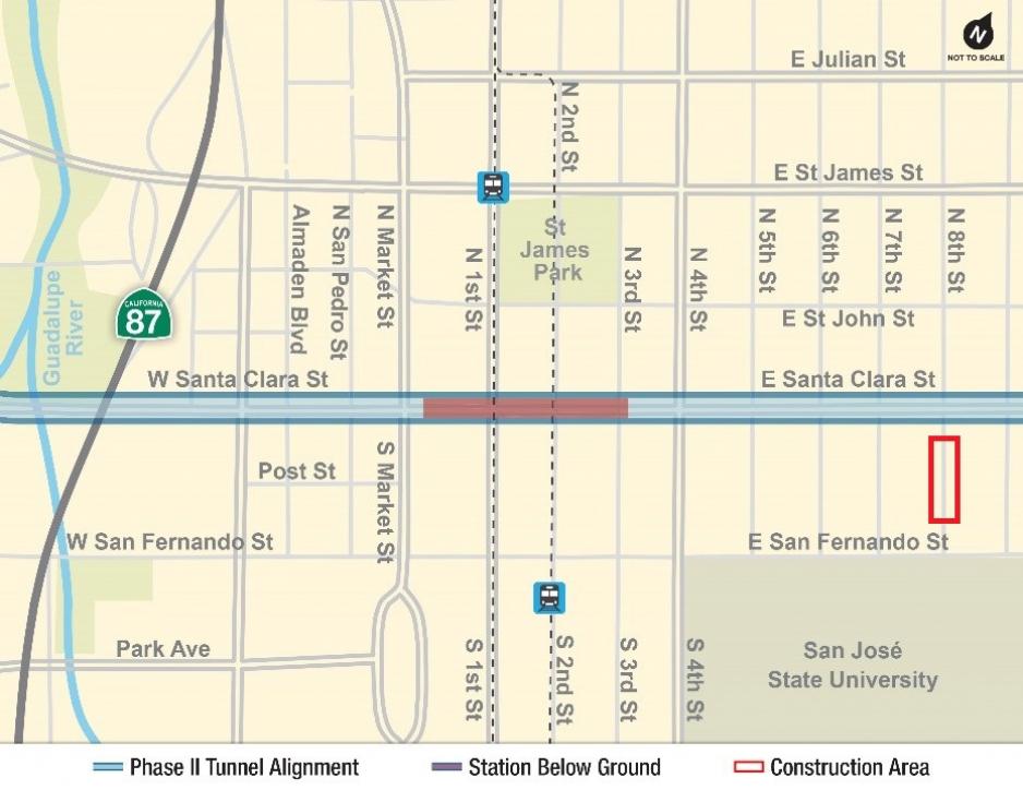 Map of downtown San José which shows a red box on 8th Street, just south of East Santa Clara Street