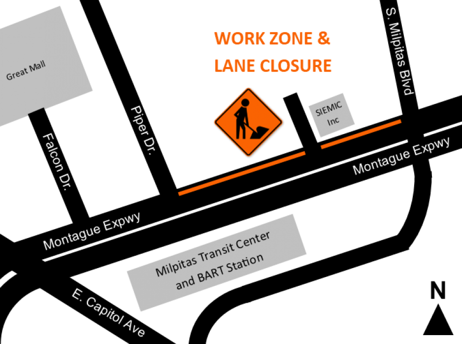 map of lane closure on Montague Express way between south Milpitas boulevard and Piper drive.