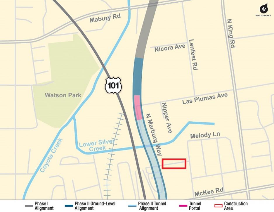 Map showing East San Jose with a red box calling out geotechnical work near Marburg Way