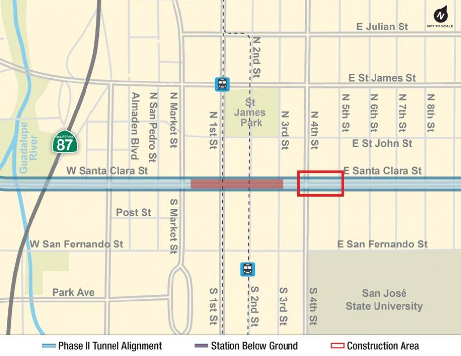 Map of downtown San José which shows a red box on East Santa Clara Street between 4th and 5th Streets