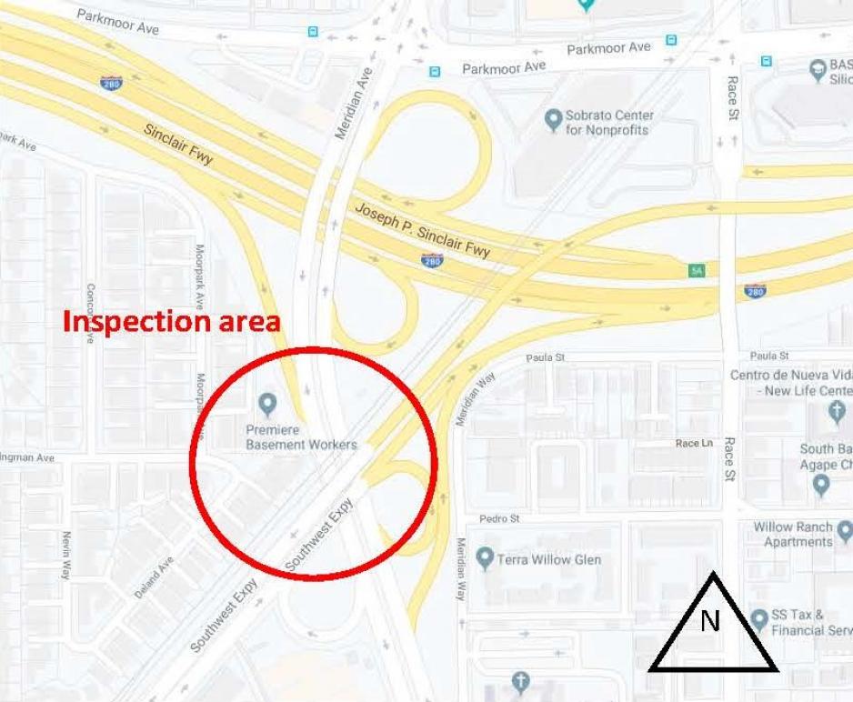 Map showing bridge inspection area on Meridian Avenue near I-280