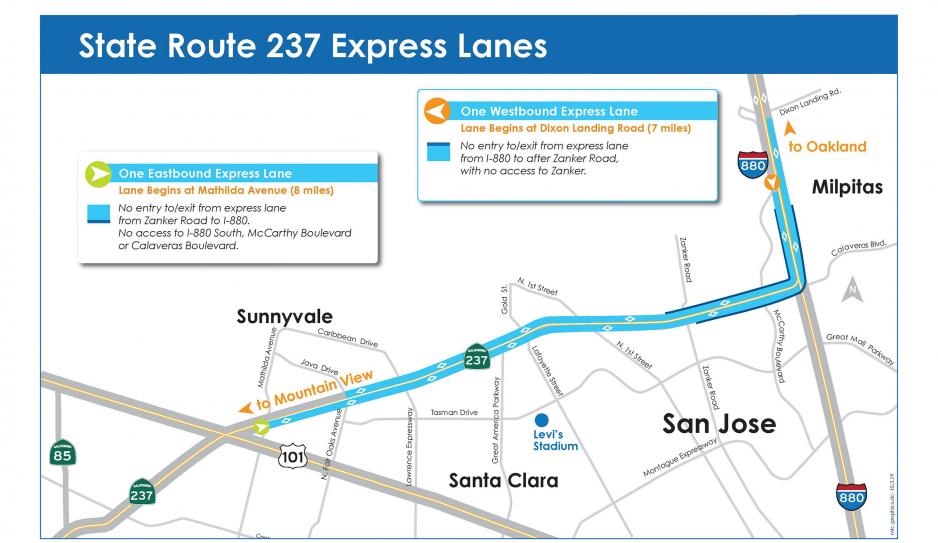 Map showing the State Route 237 Express Lanes corridor. Westbound lane begins south of Dixon Landing Road on I-880 and continues to Java Drive in Sunnyvale. Westbound express lane starts at Mathilda Ave. on SR 237 and continues to south of Dixon Landing Road.