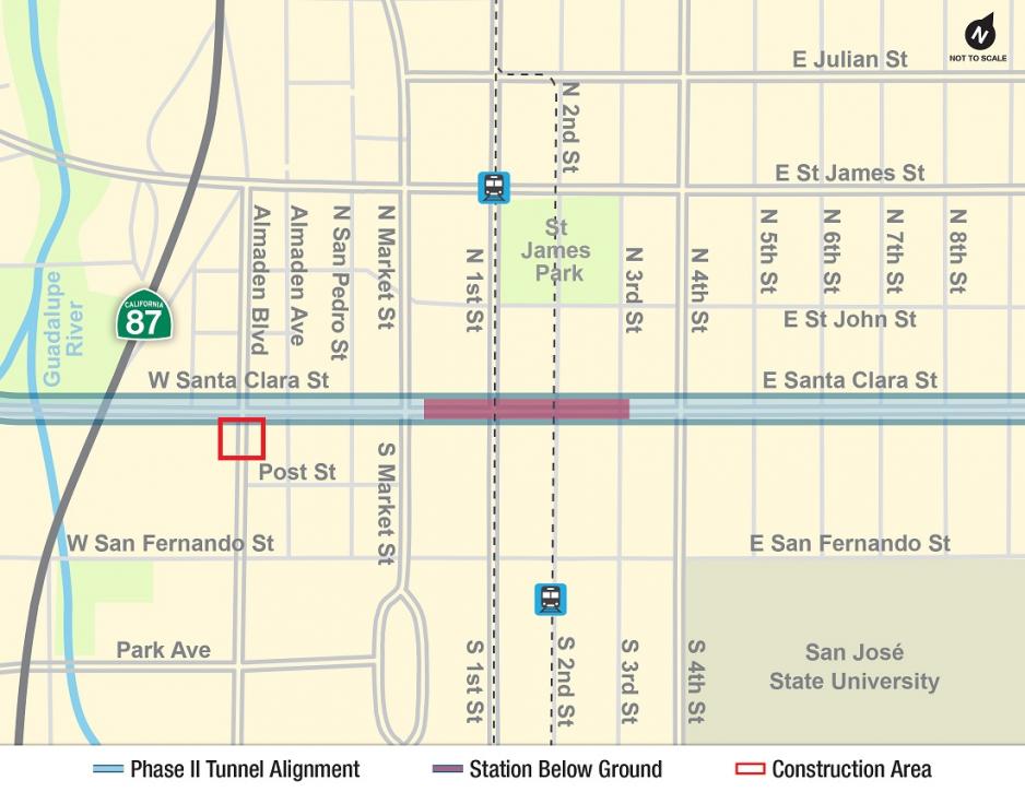 Map of Downtown San Jose showing a red box south of Santa Clara Street on Almaden Boulevard