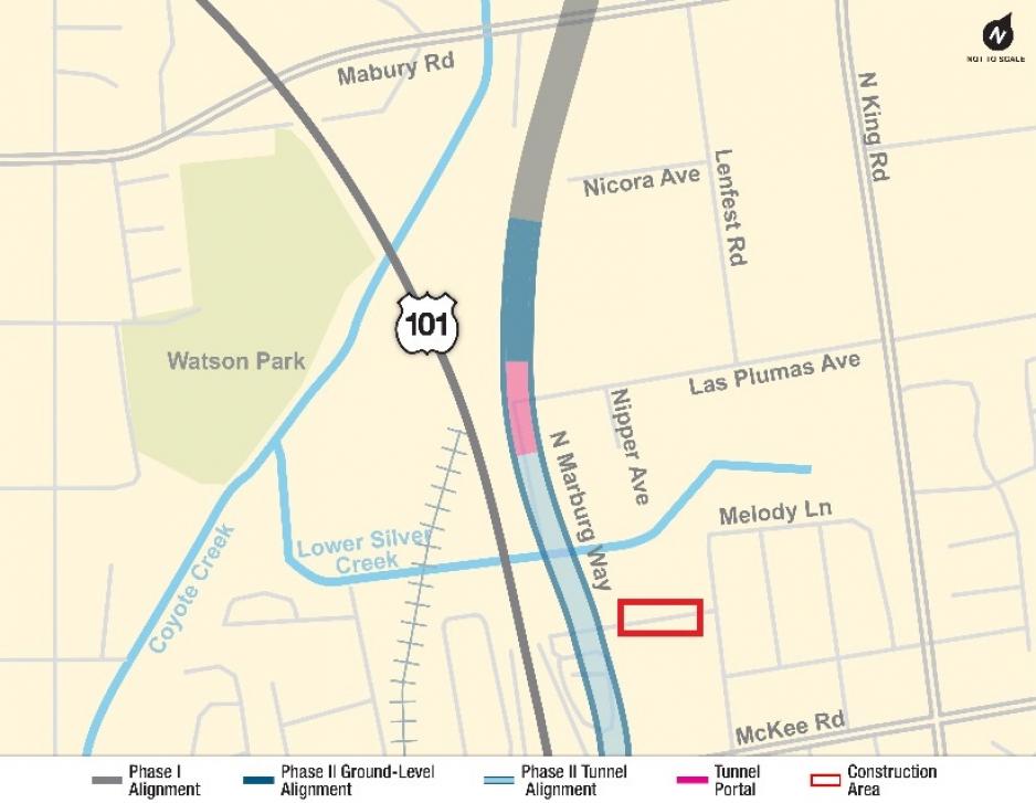 Map of VTA's BART Phase II East Portal with geotechnical work at Marburg Way