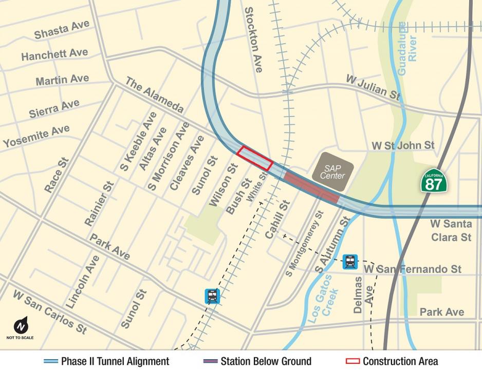 Map of Diridon Station Area field investigations happening on The Alameda between Wilson and White Streets