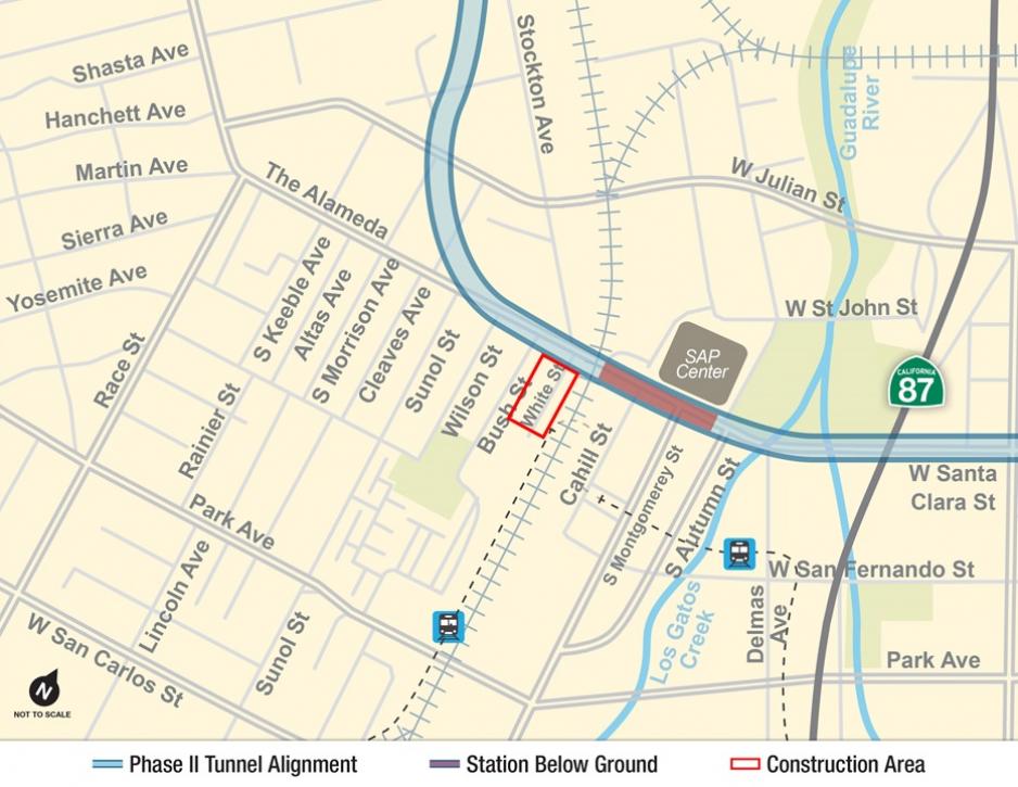 Map of Diridon Station field investigations near White Street