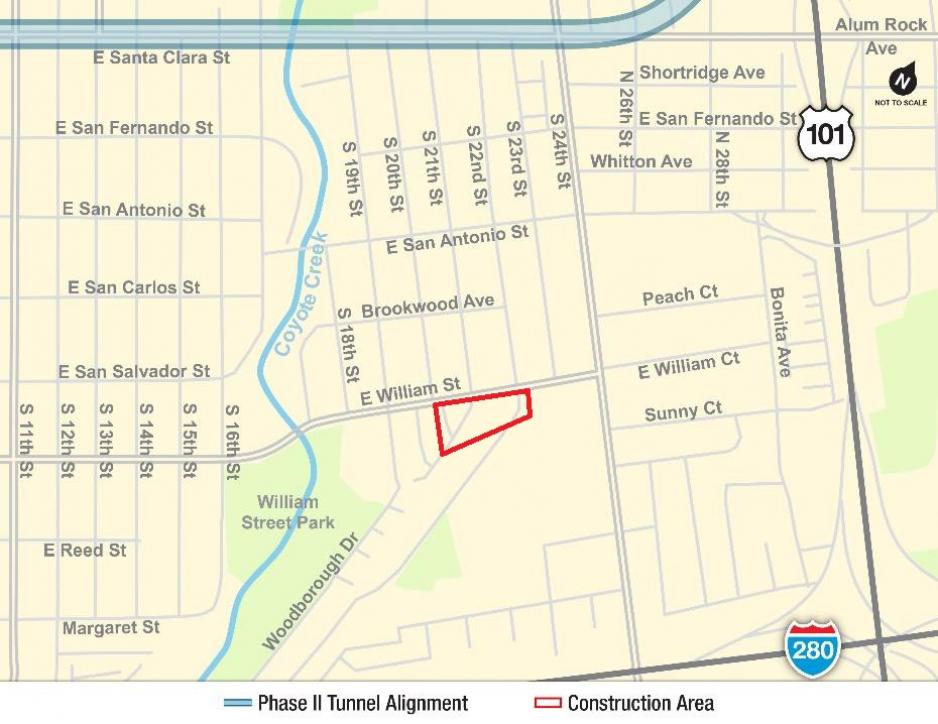 Map of East Williams Street near 21st and 22nd Streets in San Jose