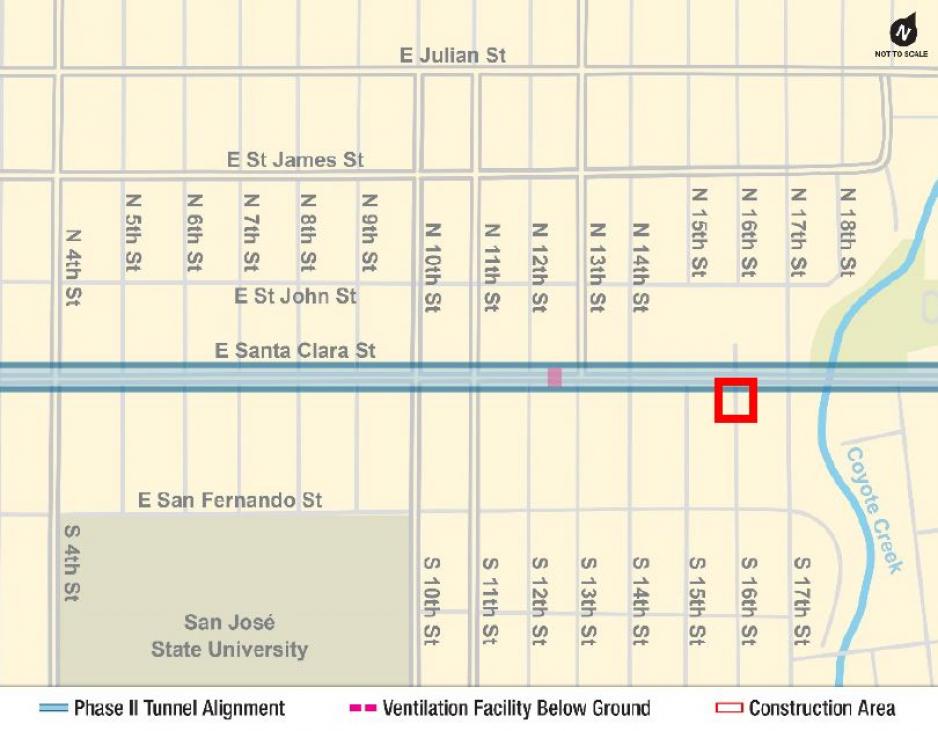 Map showing field investigation work happening along 16th Street and East Santa Clara Street
