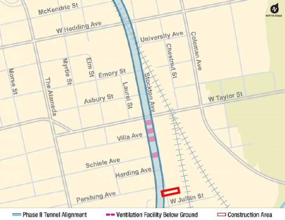 Map showing red box over Lenzen Avenue and Stockton Avenue in San José