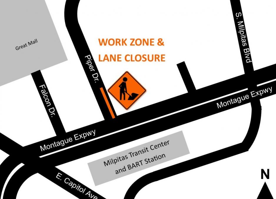 map of lane closure near Montague Expressway on Piper Drive