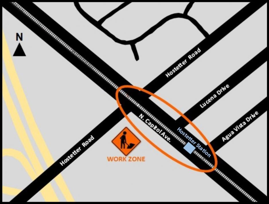 Work zone map on N. Capitol Ave. between Hostetter Road and Agua Vista Drive.