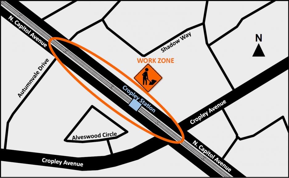 Work zone map on N. Capitol Ave. between Autumnvale Ave. & Cropley Avenue.
