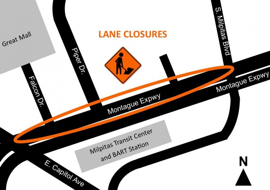 map of westbound lane closure area on Montague Expressway near the Great Mall