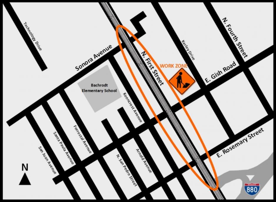 Work zone map on N. First Street between Sonora Avenue & E. Rosemary Street
