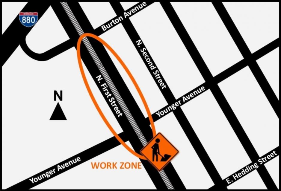 Work zone map on N. First Street between Younger Avenue & Burton Avenue