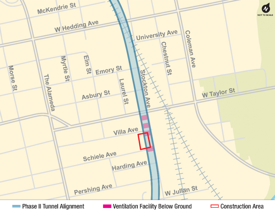 Map showing a red rectangle over Stockton and Schiele Avenues in San Jose