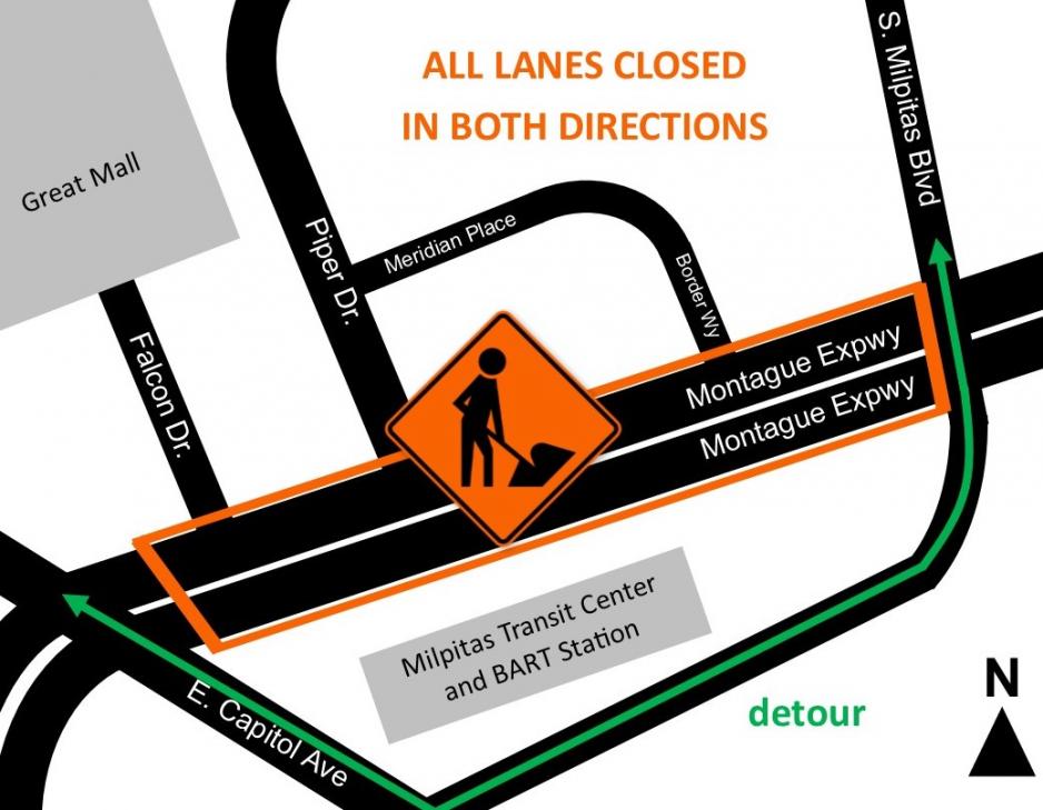 map of lane closure on Montague Expressway between south Milpitas boulevard and Capitol Ave.