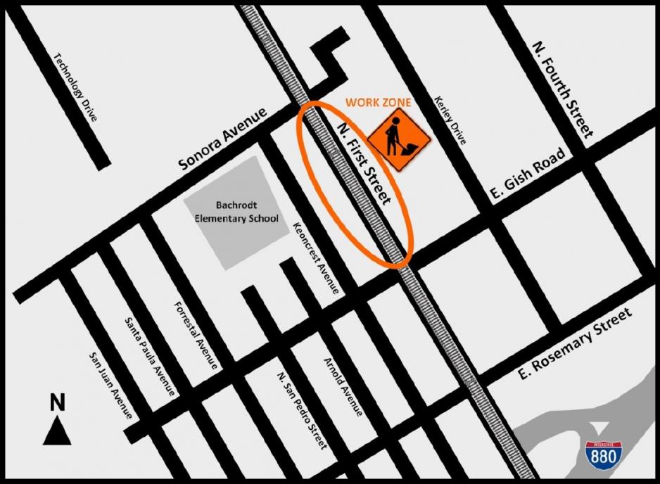 Work zone map on N. First Street between Sonora Avenue & E. Gish Road. 