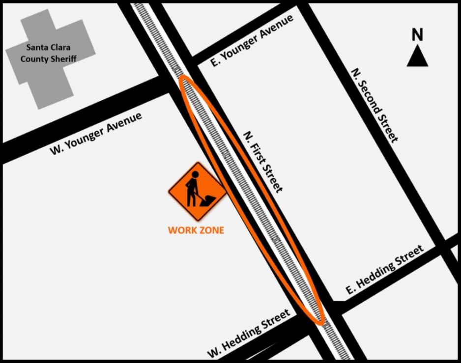 Work zone map on N. First Street between Younger Avenue & Hedding Street