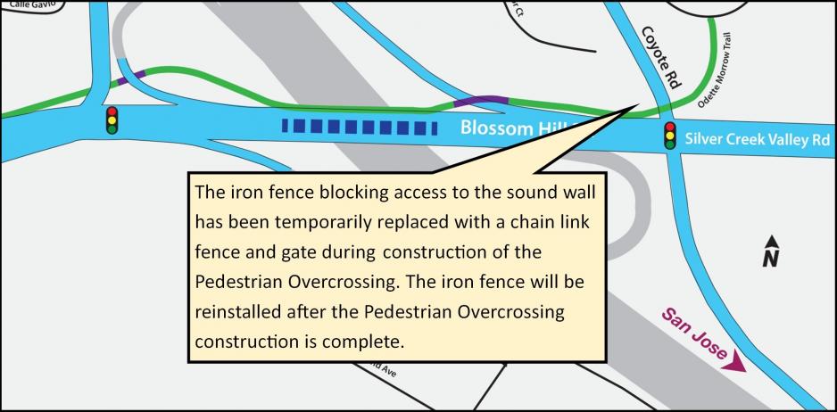 Temporary fencing during Pedestrian Overcrossing construction at Blossom Hill Road and Coyote Road near sound walls
