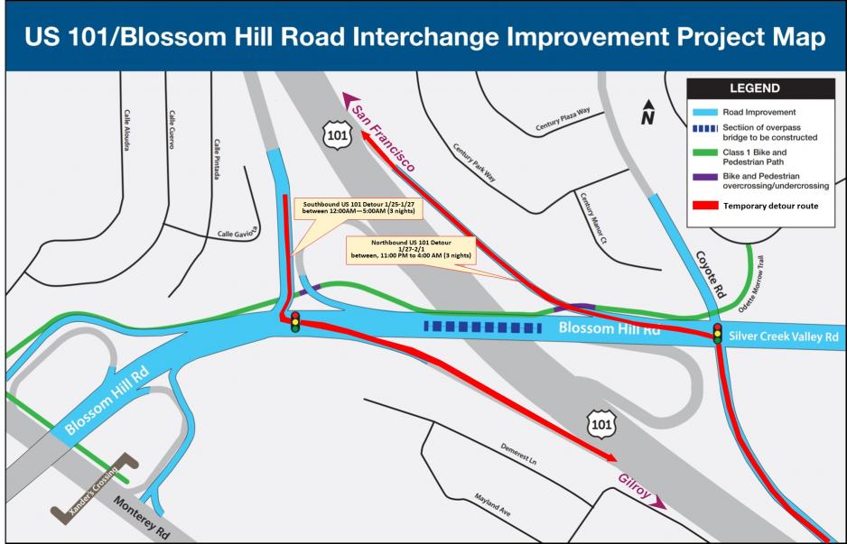 Complete Freeway Closure on US 101 at Blossom Hill Road, 1/25 to 2/1