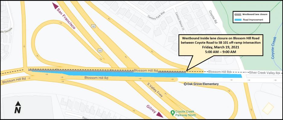 Temporarily inside-lane closure along westbound Blossom Hill Road, between Coyote Road and southbound US 101 off-ramp intersection. 3/19 (5AM-9AM)