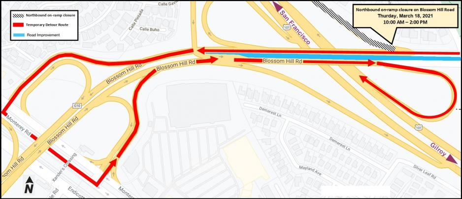 Temporary northbound US-101 on-ramp closure on Blossom Hill Road. 3/18 from 10AM – 2PM