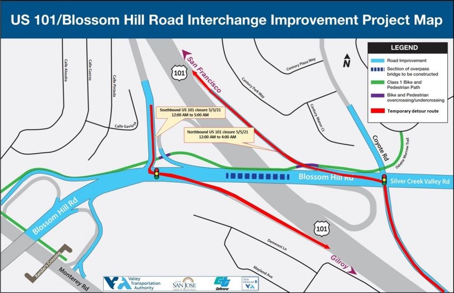 Full freeway closure between 5/3-5/10 nightly at the US 101/Blossom Hill Road overcrossing. 