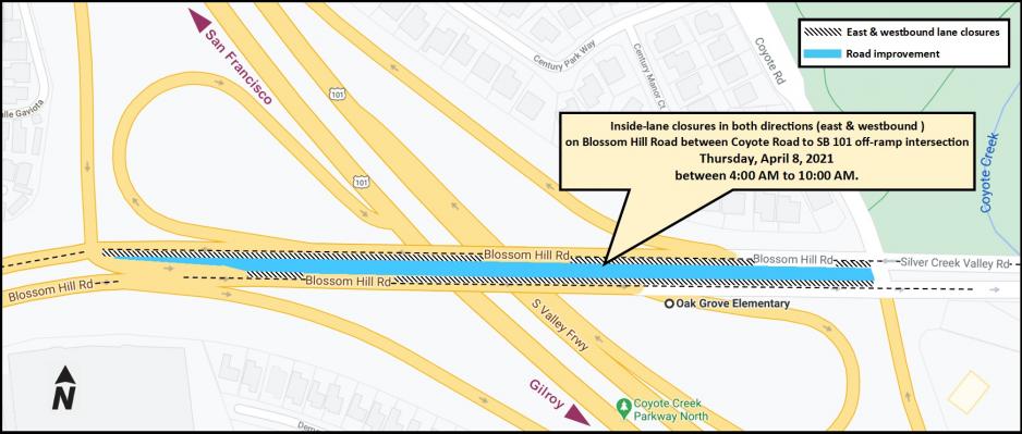 4/8, 4AM-10AM; Temporary eastbound & westbound inside-lane closures on Blossom Hill Road, between Coyote Road & Southbound US 101 off-ramp intersection