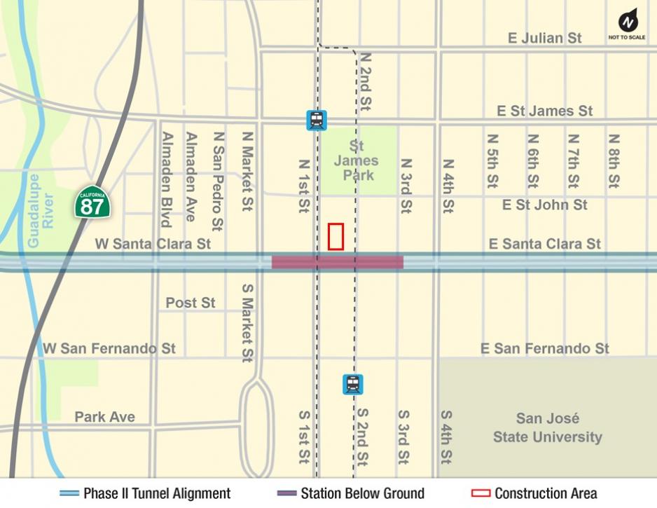 Map of Downtown San Jose with red box north of Santa Clara Street and between Market and First Streets, where field investigations will take place