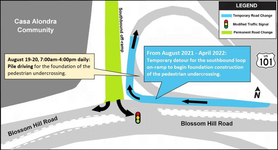 -UPDATE- Pile driving at the US 101 southbound loop on-ramp off Blossom Hill Rd; August 19-20, 7:00am-4:00pm, daily. 