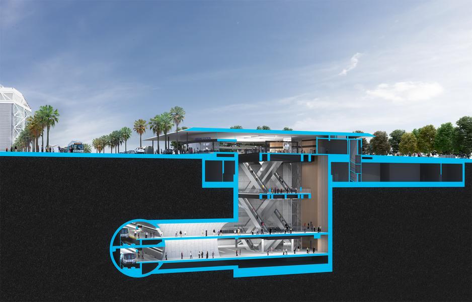 Cross section graphic of VTA's Diridon BART Station. Riders enter the station at street level, use elevators or escalators to go underground, and board BART trains under Santa Clara Street