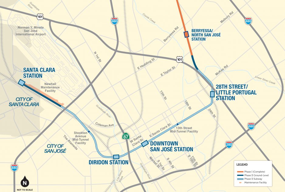 Map showing the 6-mile BART extension from Berryessa/North San Jose Station to Santa Clara Station