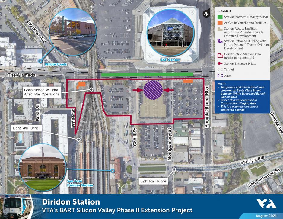 Map of VTA's Diridon BART Station. The station entrance building will be on the southside of Santa Clara Street between Cahill and Montgomery Streets. Platforms will be underground. Future potential transit-oriented development may be built on-top of the station entrance building or behind it.