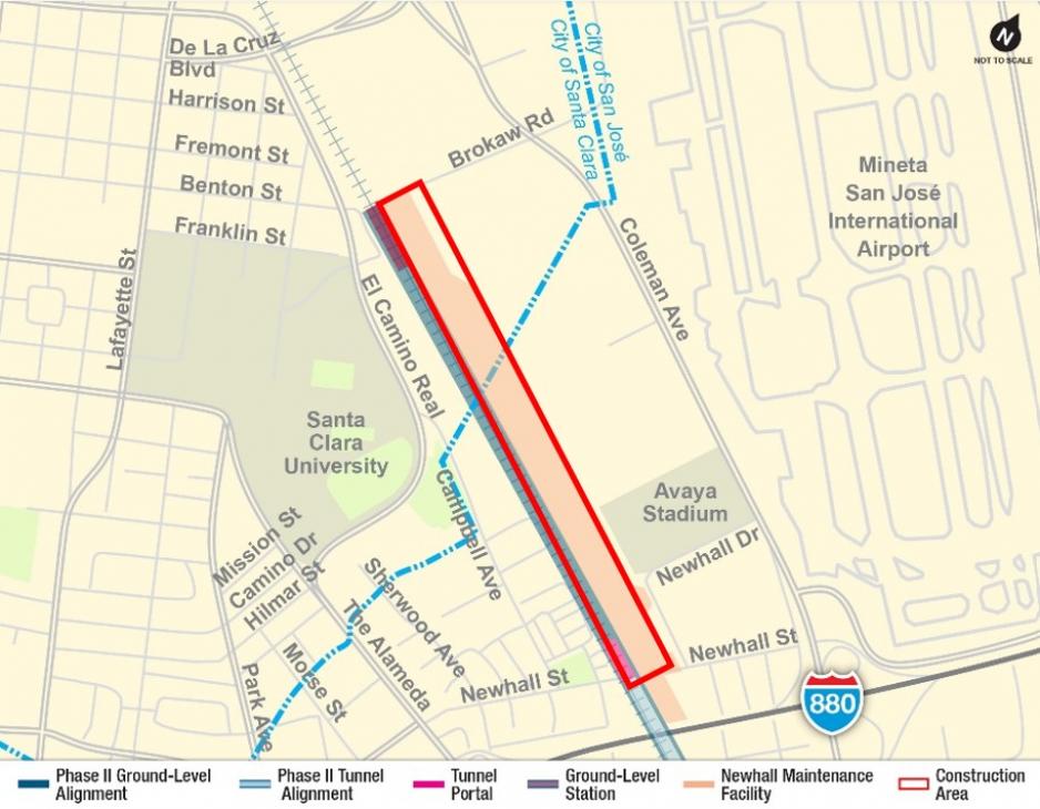 Map highlighting area impacted by construction at Newhall Maintenance Facility