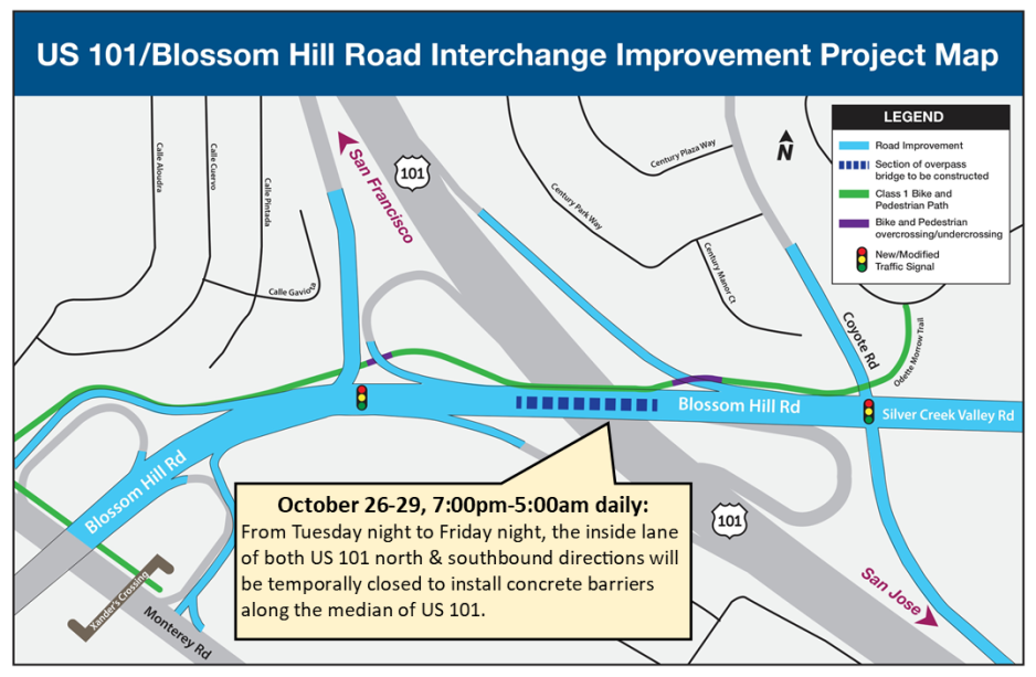 US 101 north & southbound inside lane closures 10/26-10/29, from 7:00pm-5:00am daily.