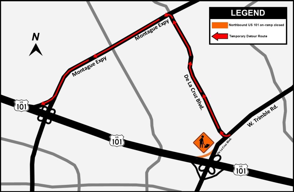 Northbound on-ramp toward US 101 off De La Cruz Blvd. will be closed over the weekend starting Friday, 11/19 at 8:00 pm to Monday 11/22 at 5:00 am.