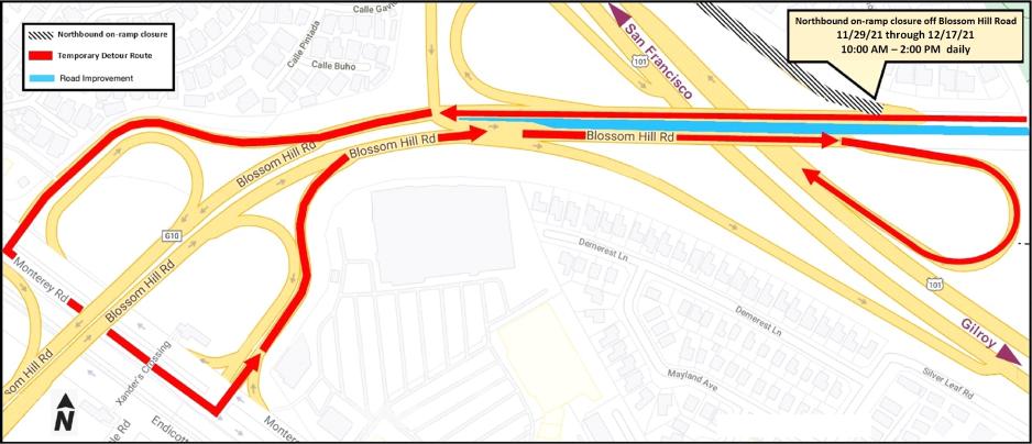 Detour Map: From westbound Silver Creek Valley Road toward Blossom Hill Road (11/29-12/17)