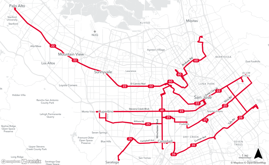 Map of some of VTA's Frequent Bus routes