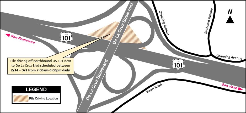 Pile driving near northbound US 101 next to De La Cruz Boulevard (2/14-3/1, from 7:00 am-5:00 pm daily)