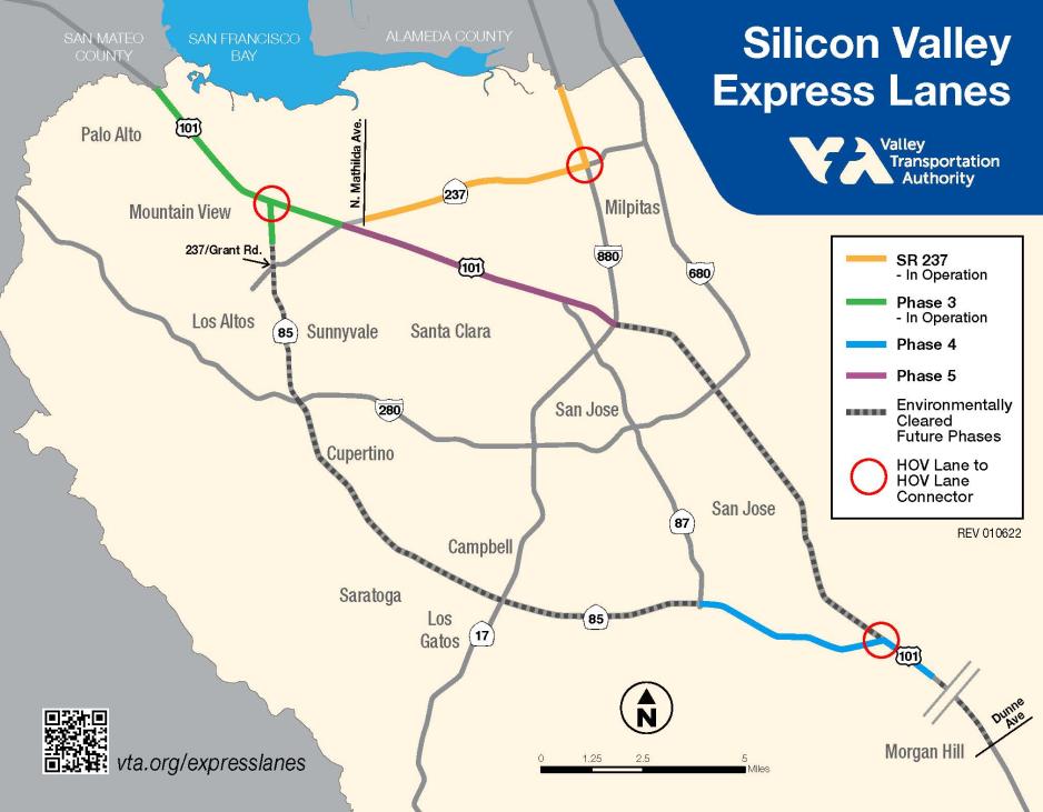 Map of all current and planned express lanes in Santa Clara County. SR 237 - in operation, US 101/SR85 from Mountain View to Palo Alto - in operation, US  101/SR85 in South San Jose - Phase 4, US 101 from SR237 to I-880 - Phase 5