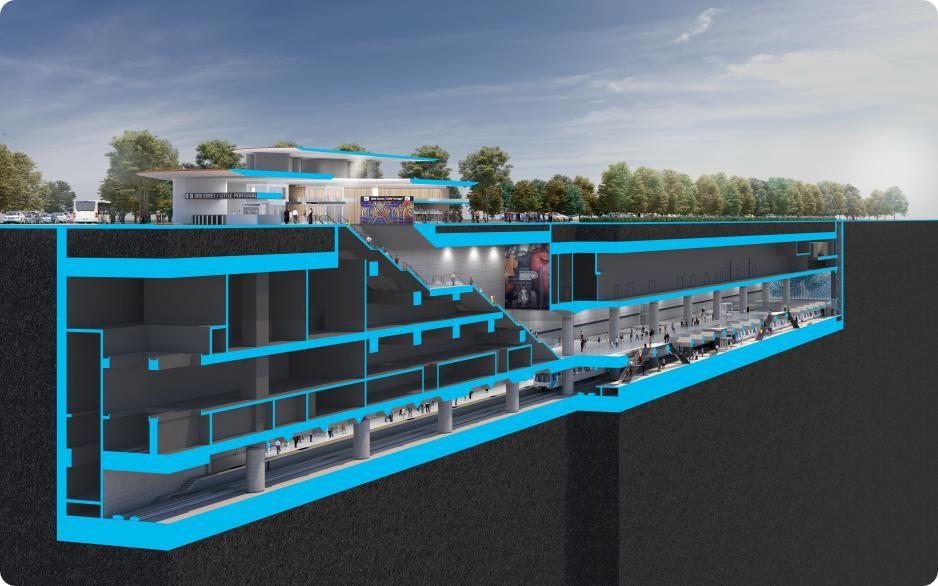 Cross section rendering of VTA's 28th Street/Little Portugal BART Station. Riders enter at street level, take elevators or escalators down, and board BART trains underground