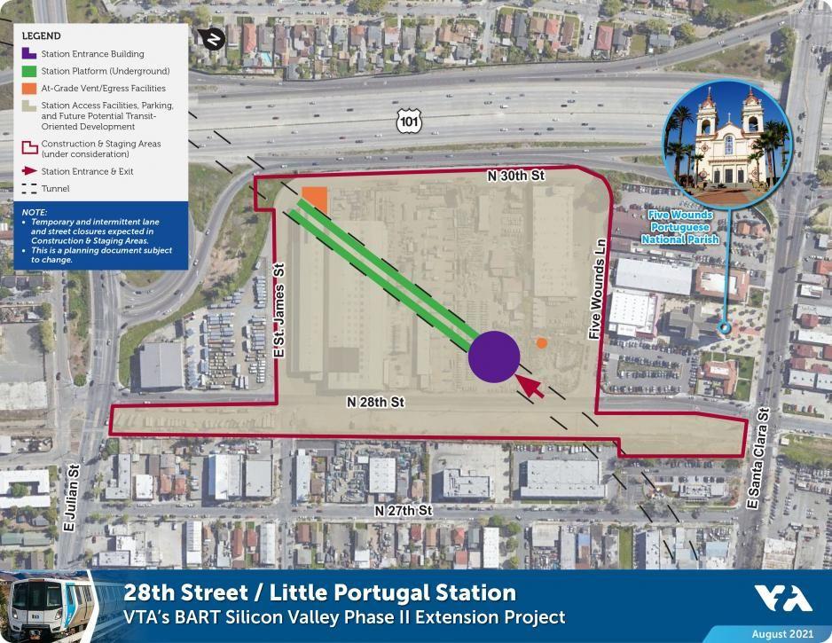 Map of VTA's 28th Street/Little Portugal BART Station. The station entrance building is near the corner of 28th Street and Five Wounds Lane. The platform is underground. On the ground level around the station entrance building will be access facilities, parking, and future potential transit-oriented development.