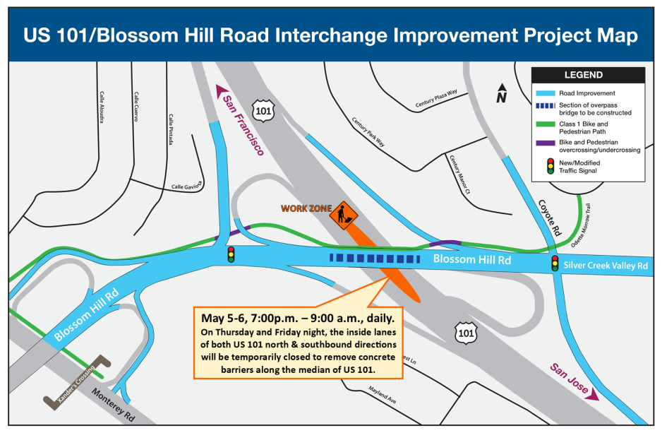 Late-night to early-morning north & southbound inside lane closures along US 101 at Blossom Hill Rd. interchange from 5/5-5/6. 