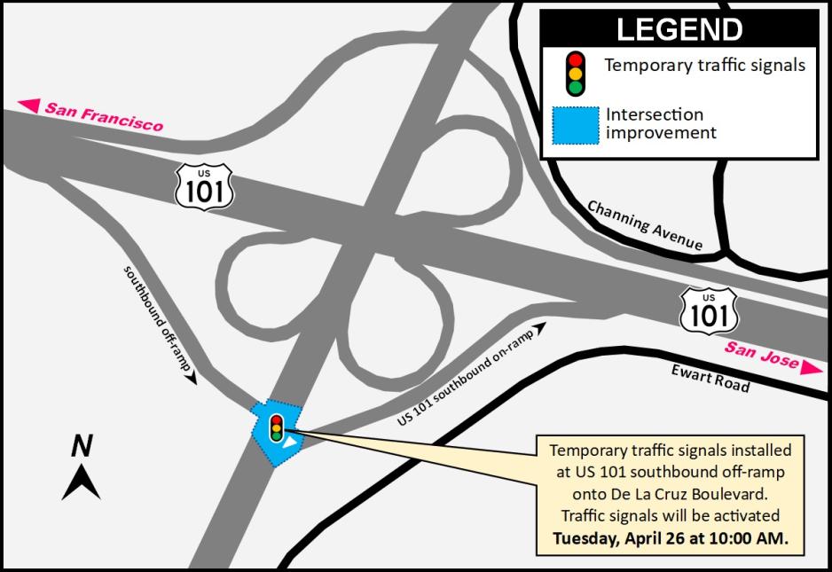 Temporary traffic signals have been installed at US 101 southbound off-ramp onto De La Cruz Boulevard.