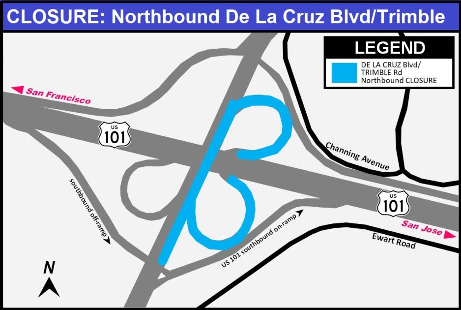 DE LA CRUZ Blvd/TRIMBLE Rd Northbound CLOSURE DETOUR MAP