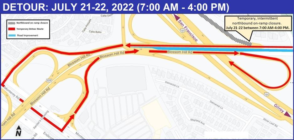 US 101 northbound on-ramp closed 7/21-7/22