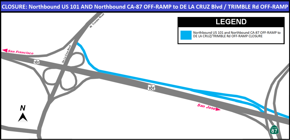 NB US 101 AND NB CA-87 OFF-RAMP to TRIMBLE Rd OFF-RAMP CLOSURE MAP