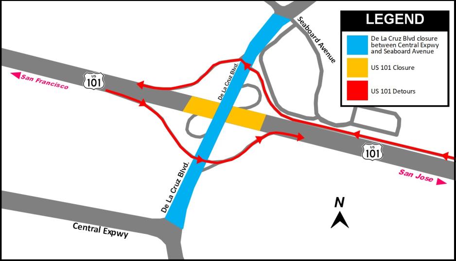  US-101 closures at De La Cruz Blvd interchange & De La Cruz Blvd between Central Expy to Seaboard Ave. (Aug29-Sept1)