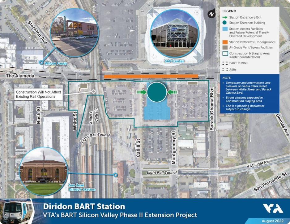 Map of VTA's Diridon BART Station. The station entrance building will be on the southside of Santa Clara Street between Cahill and Montgomery Streets. Platforms will be underground. Future potential transit-oriented development may be built on-top of the station entrance building or behind it.